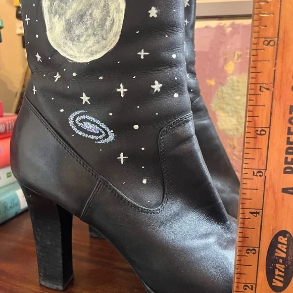 Marc Fisher Black Heeled Boots with Celestial Design - Picture 6 of 6